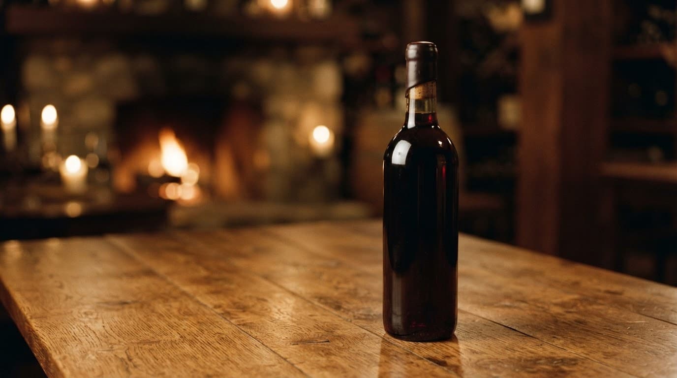 A rich red wine bottle resting on a warm wooden table with soft lighting.