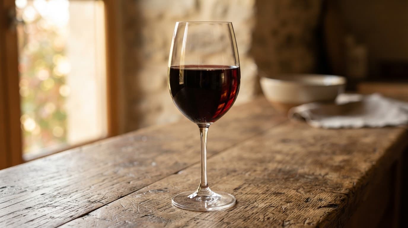 A glass of deep red wine stands on a rustic wooden counter in soft light.