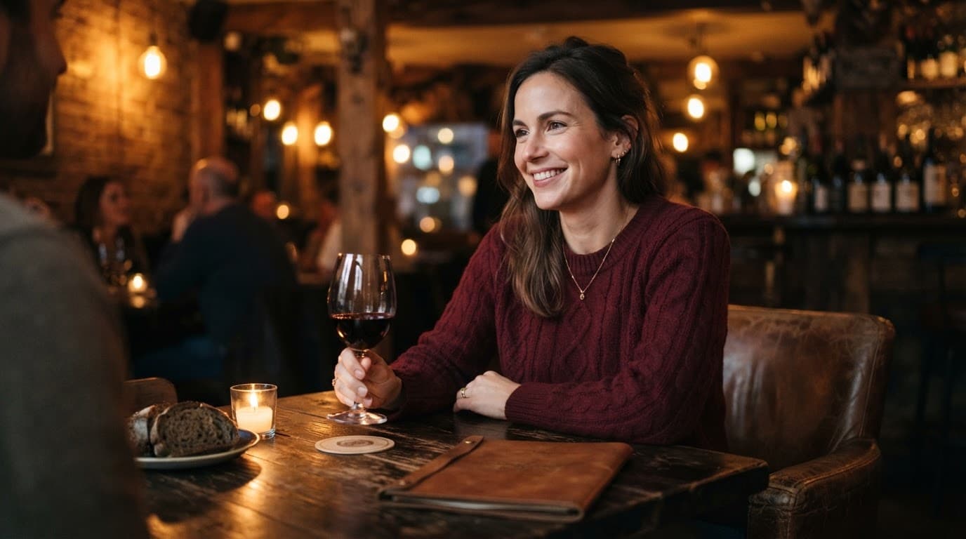 A person relaxing with a glass of red wine at a cozy indoor table.
