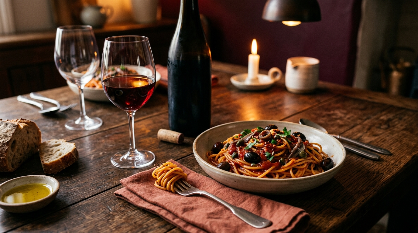 serving wine with puttanesca