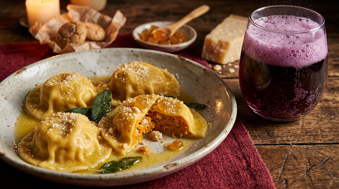 tortelli di zucca and Lambrusco