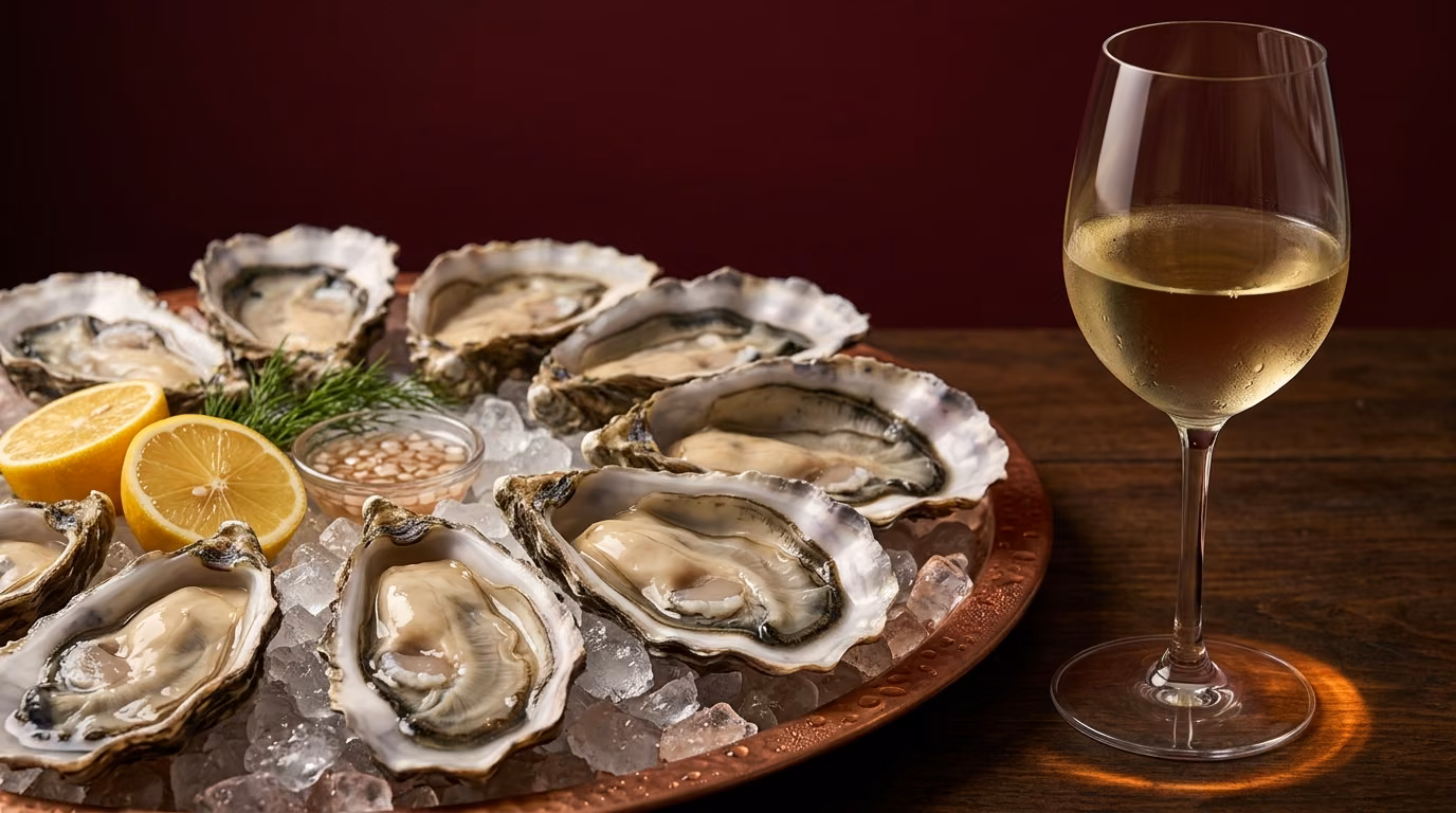 Best wine with shellfish, a platter of raw oysters on crushed ice beside a glass of crisp white wine
