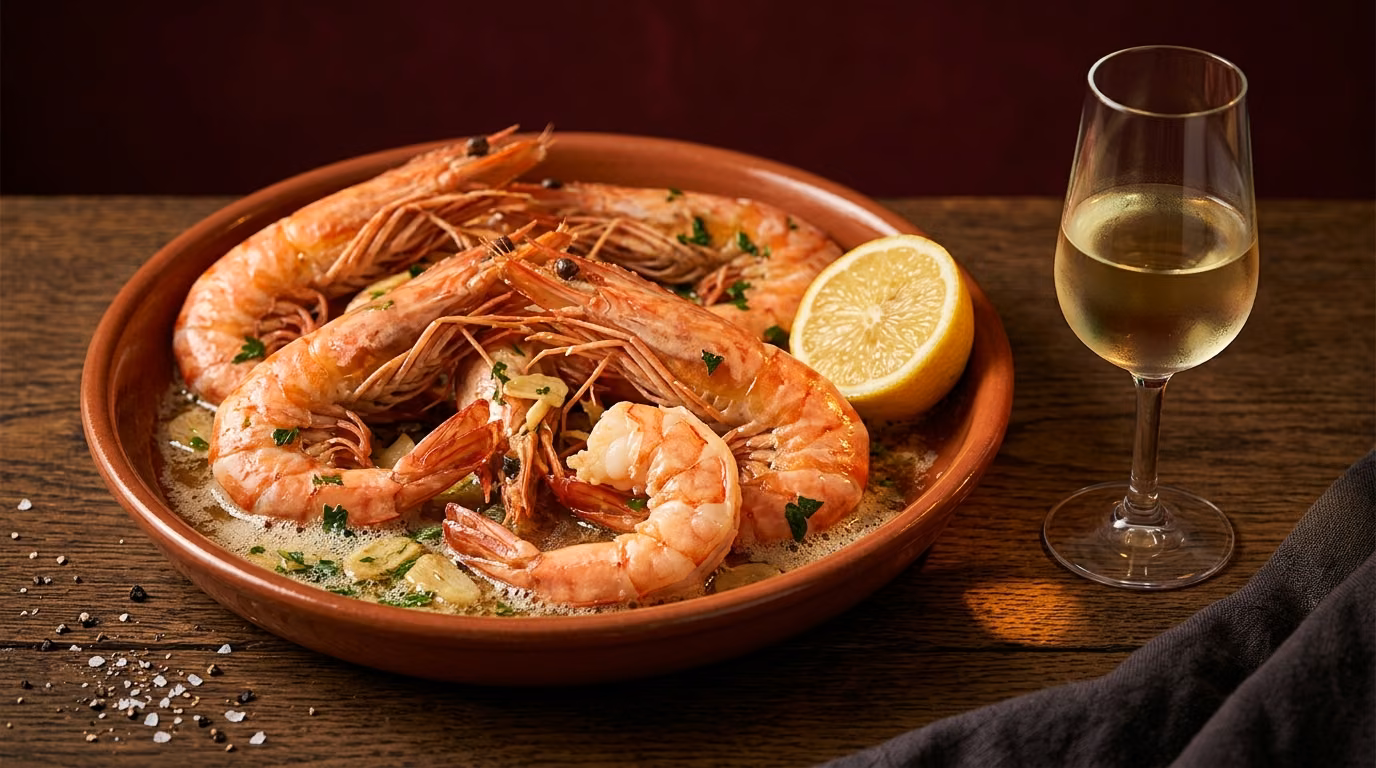 Garlic butter prawns in an earthenware dish beside a copita of dry sherry