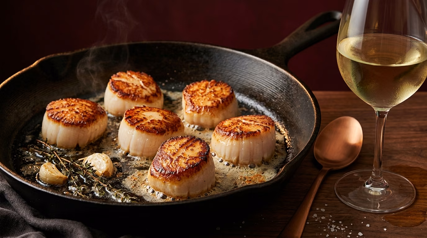 Seared scallops in a cast iron skillet next to a glass of white wine with more body