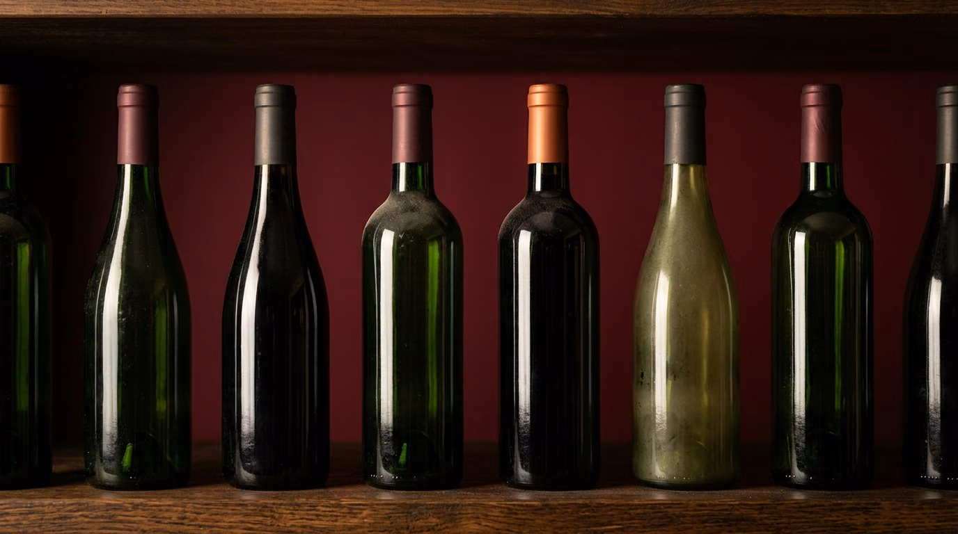Cheap wine that tastes good, a row of unlabeled wine bottles on a dark wooden shop shelf