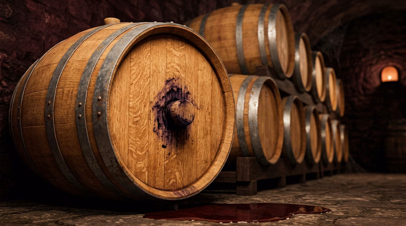 Oak barrels aging wine in a cellar, one of the three things that make a bottle expensive