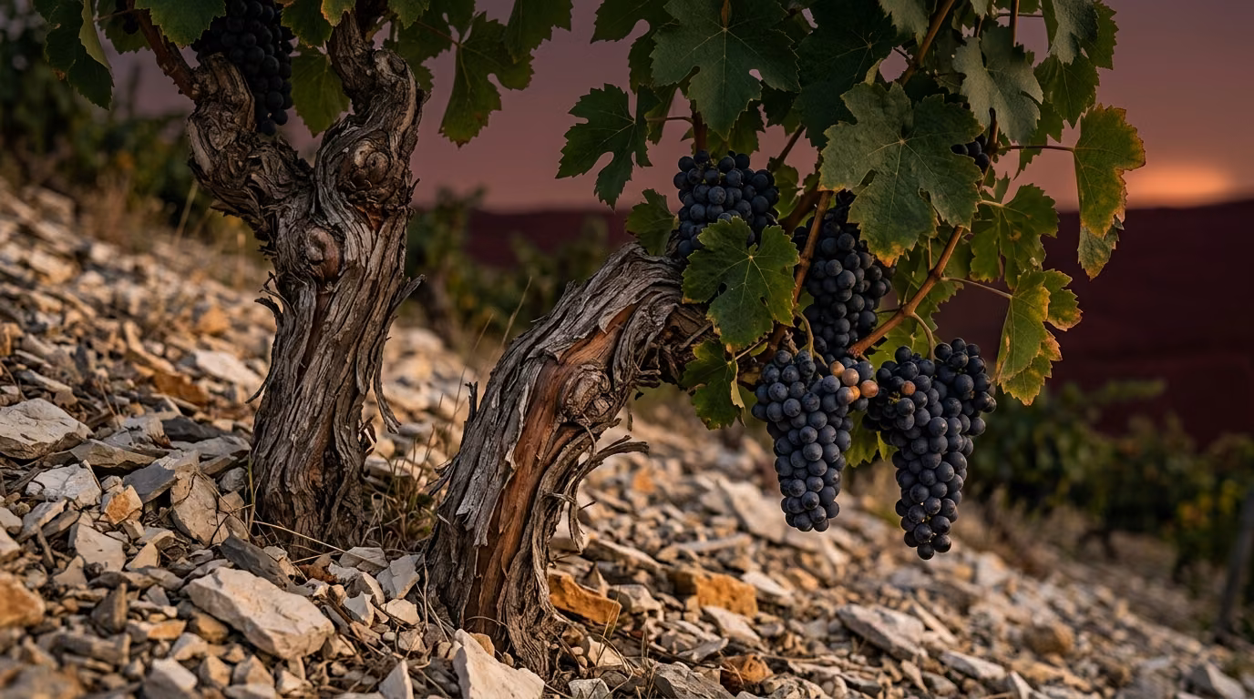 Old vines carrying ripe grapes on poor stony hillside soil, the terroir you pay for