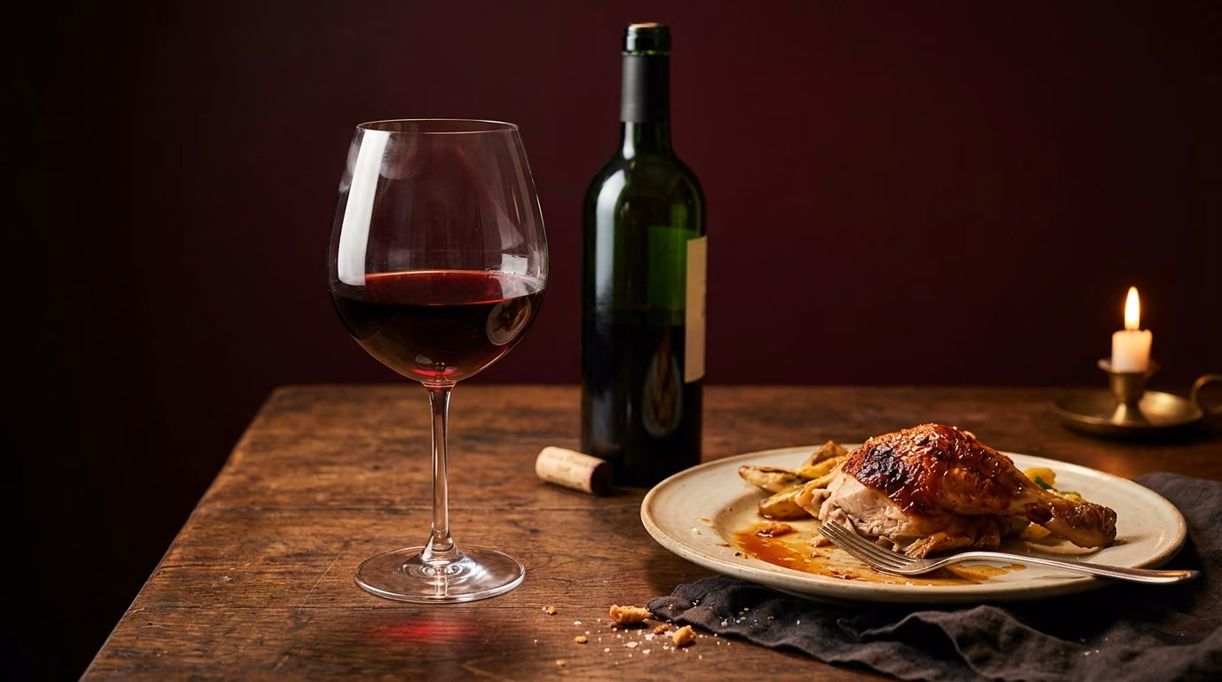 A glass of red wine beside a plate of roast chicken on a home dinner table
