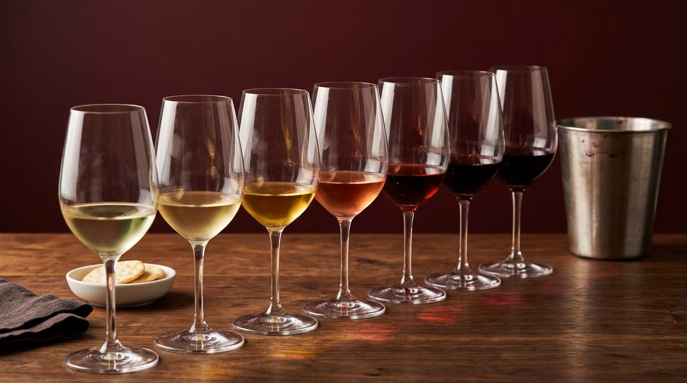What wine ratings mean, a critic's blind tasting lineup of seven glasses with small measured pours
