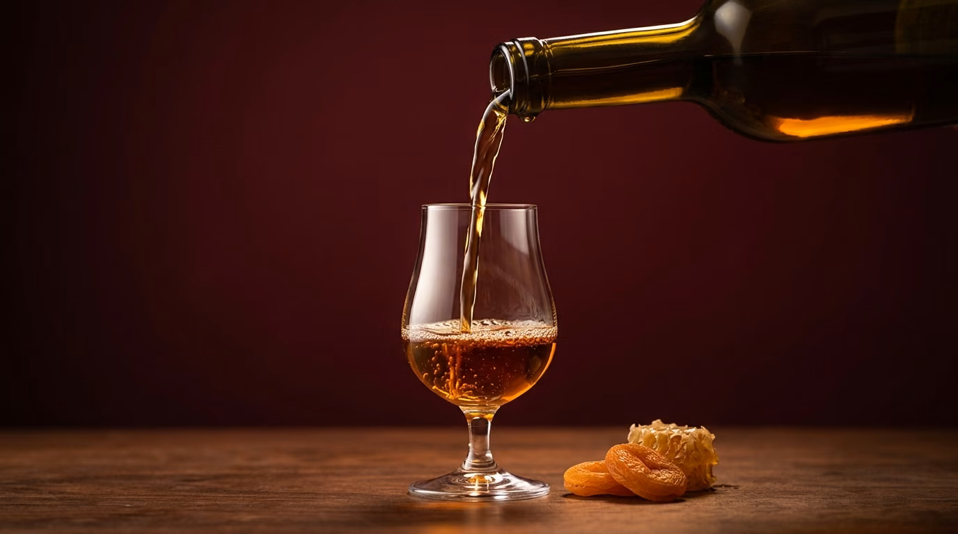 Dry vs sweet wine, golden dessert wine pouring thickly into a small glass