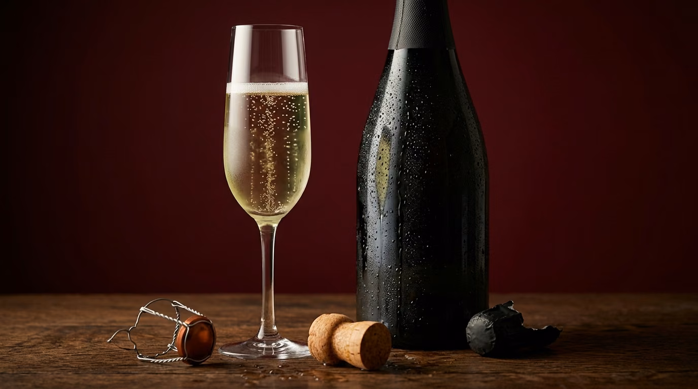 A chilled sparkling wine bottle and a flute of Brut with a fine bead of bubbles