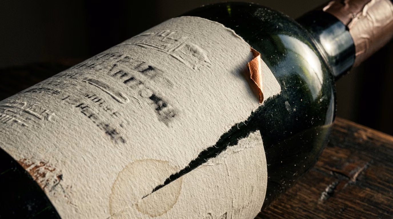 Macro view of a textured wine bottle label showing deckled edge, embossing and lifting foil