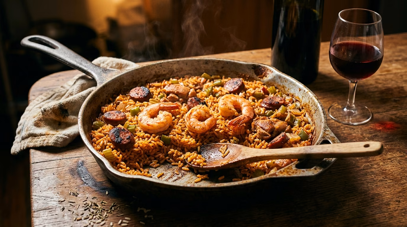 Cast-iron skillet of jambalaya with andouille, prawns and chicken beside a glass of red wine