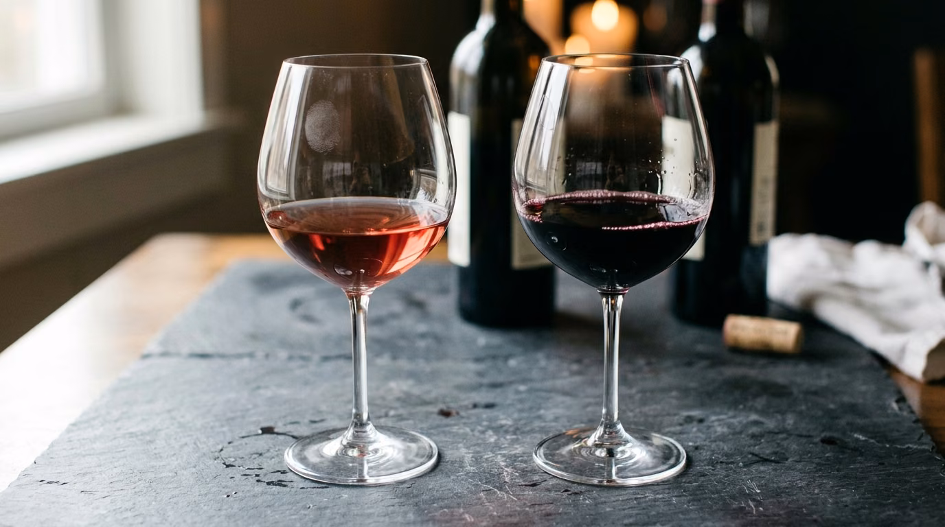 Two glasses side by side, one pale translucent red and one deep opaque purple, backlit on slate