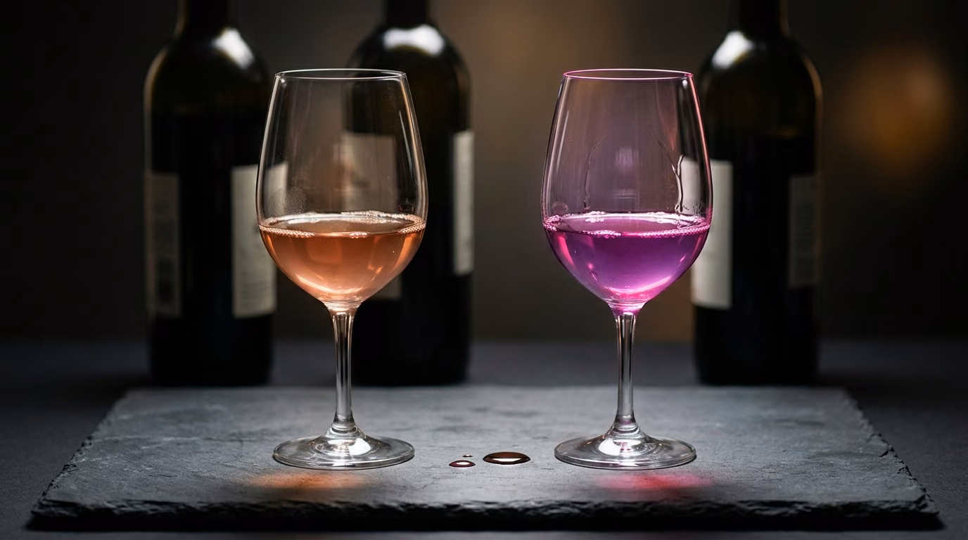 Two glasses of light red wine side by side, one brick-garnet and one bright purple-pink