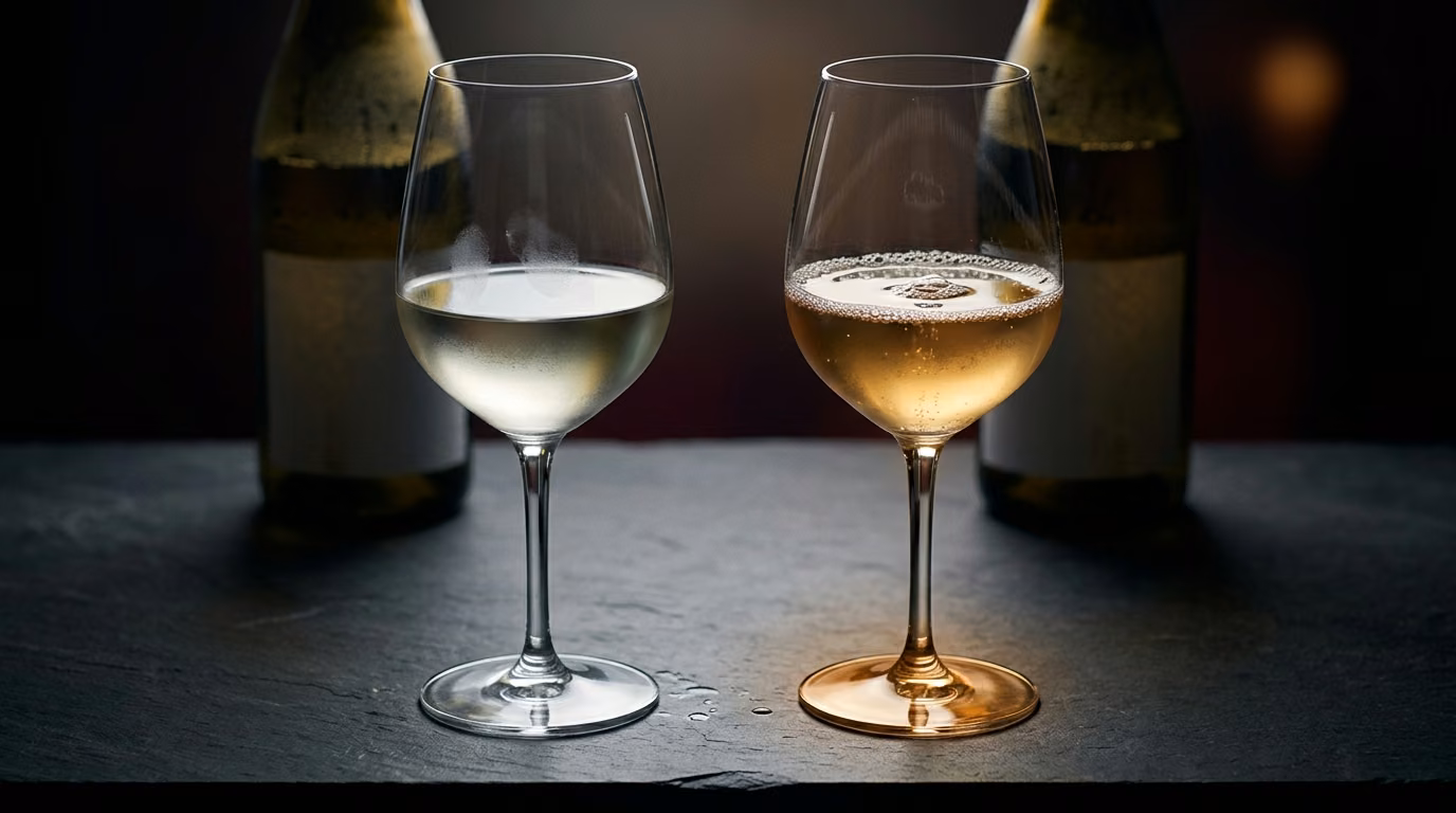 Two glasses of white wine side by side, one pale green-gold and one deeper honey-gold with bubbles