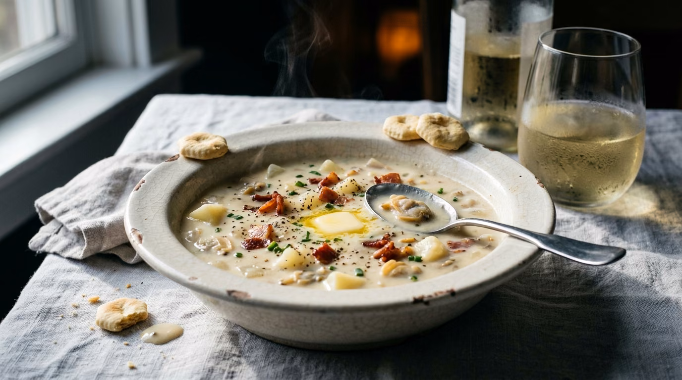 Bowl of clam chowder with bacon and chives beside a glass of chilled white wine