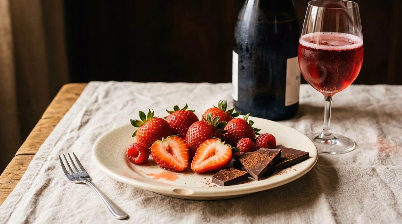 Strawberries, raspberries and dark chocolate on a plate beside a glass of sparkling red