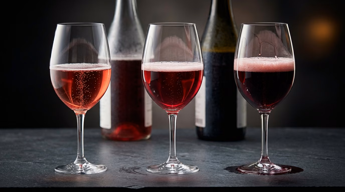 Three glasses of sparkling red side by side, from pale cherry to deep crimson
