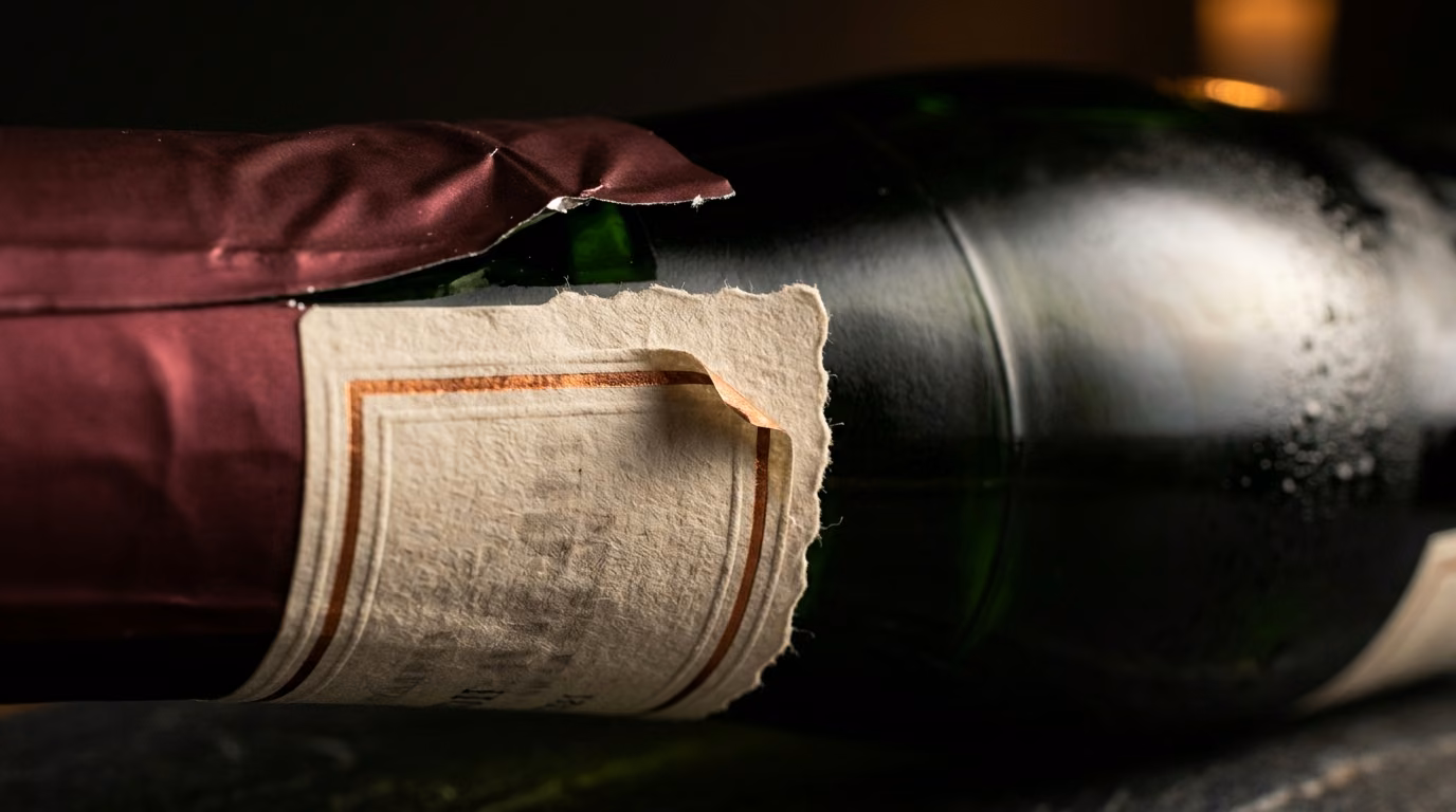 Macro of a sparkling wine capsule and paper label showing embossing and a lifting foil corner