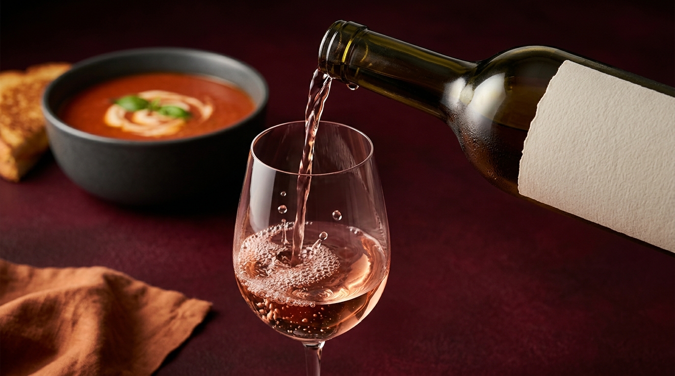 dry rose wine poured for a tomato soup night