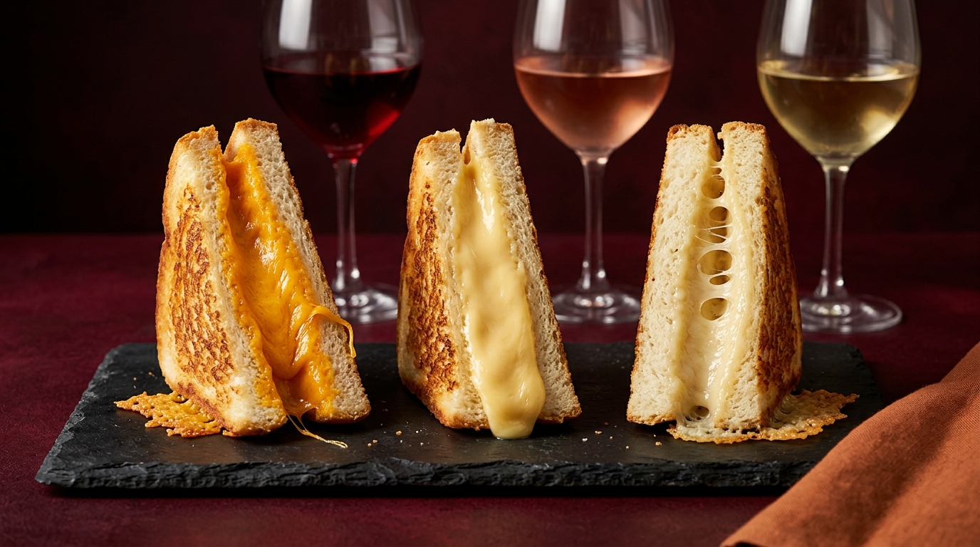 grilled cheese sandwiches with different cheeses and wine