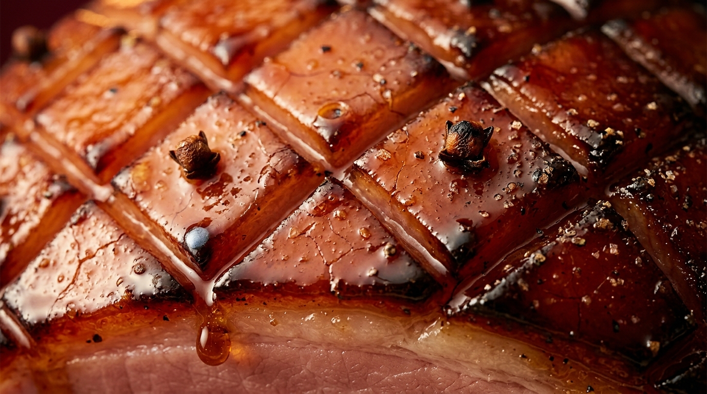 caramelized ham glaze crust scored and studded with cloves