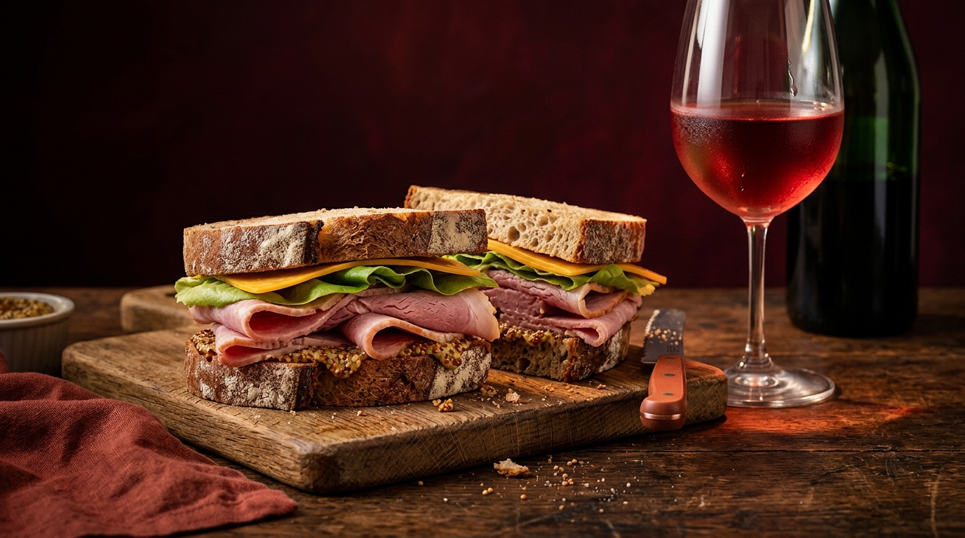 leftover ham sandwich with mustard beside a chilled glass of red wine