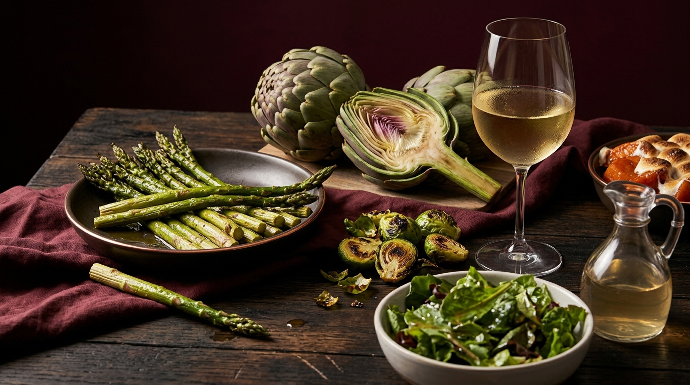 asparagus artichokes and vinegar salad served beside a wine glass