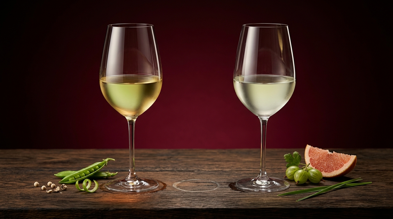 Grüner Veltliner and Sauvignon Blanc compared side by side in two glasses