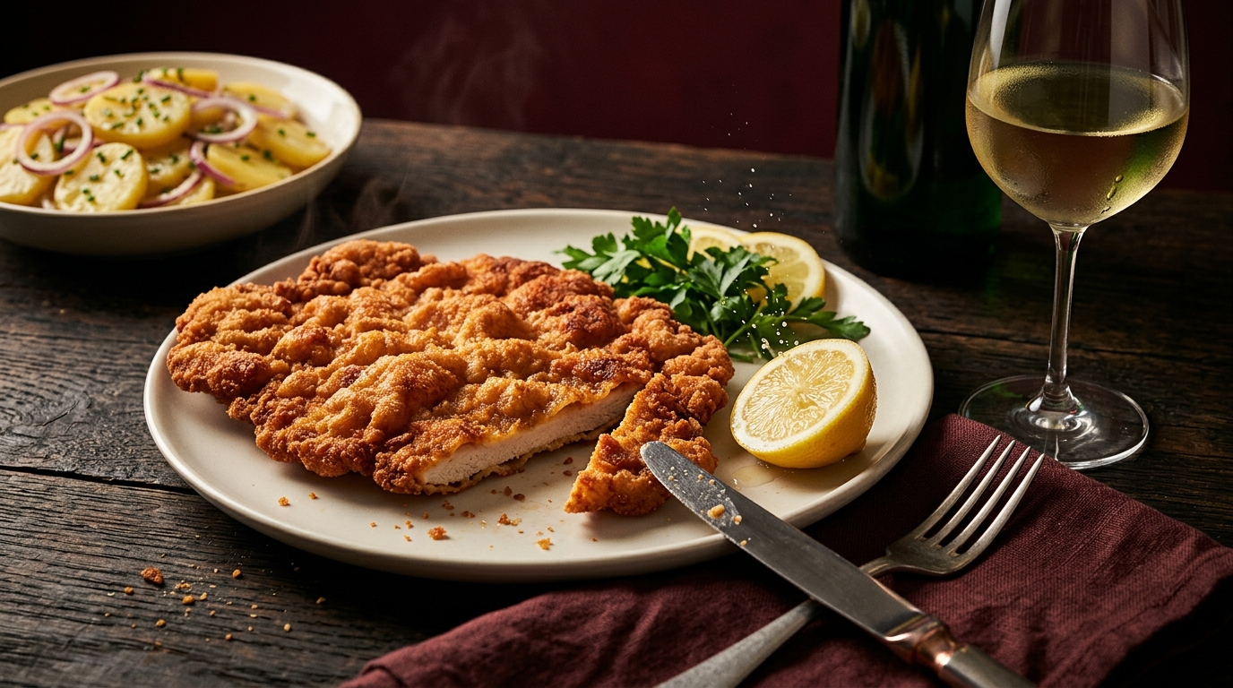 Wiener schnitzel with lemon served with a glass of Grüner Veltliner