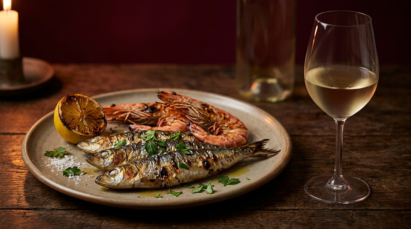 grilled seafood with white wine