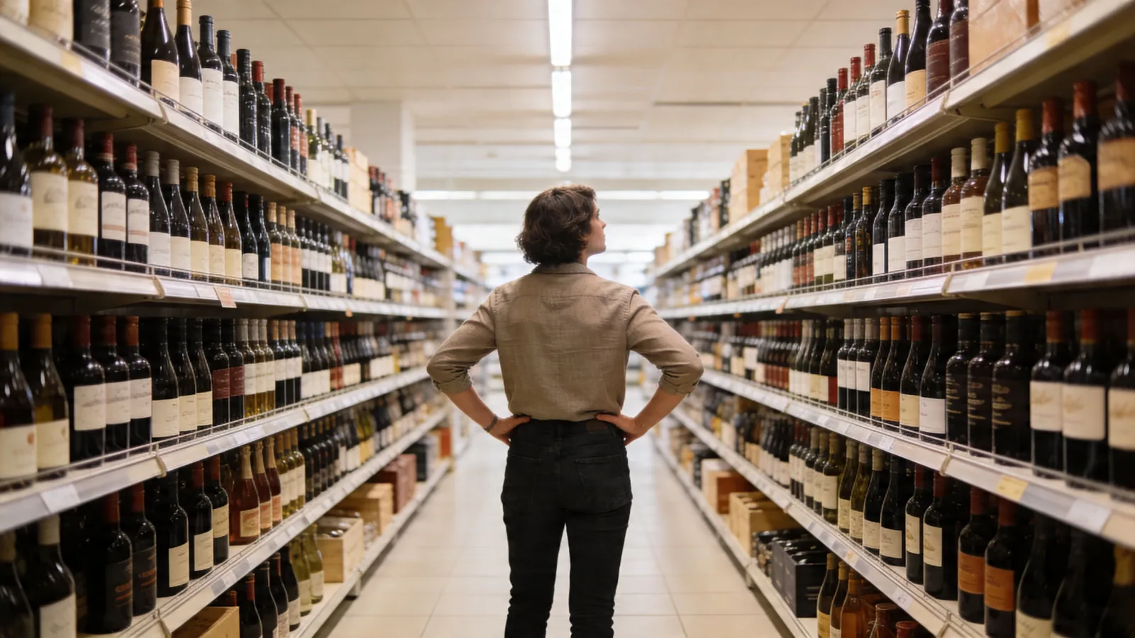 A person standing in the middle of a supermarket aisle, surrounded by shelves stocked with wine bottles.