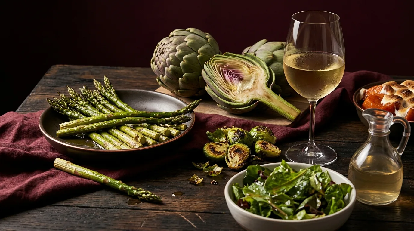 asparagus artichokes and vinegar salad served beside a wine glass
