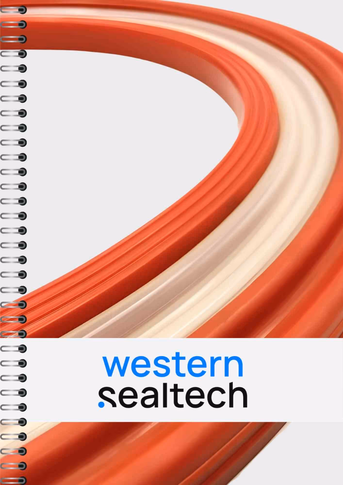Spiral-bound notebook cover with abstract orange and cream wave design and text 'western sealtech'.