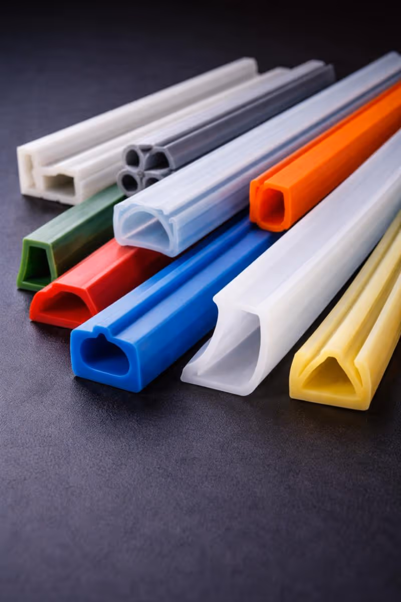 Various colorful extruded plastic profiles laid out on a dark surface.