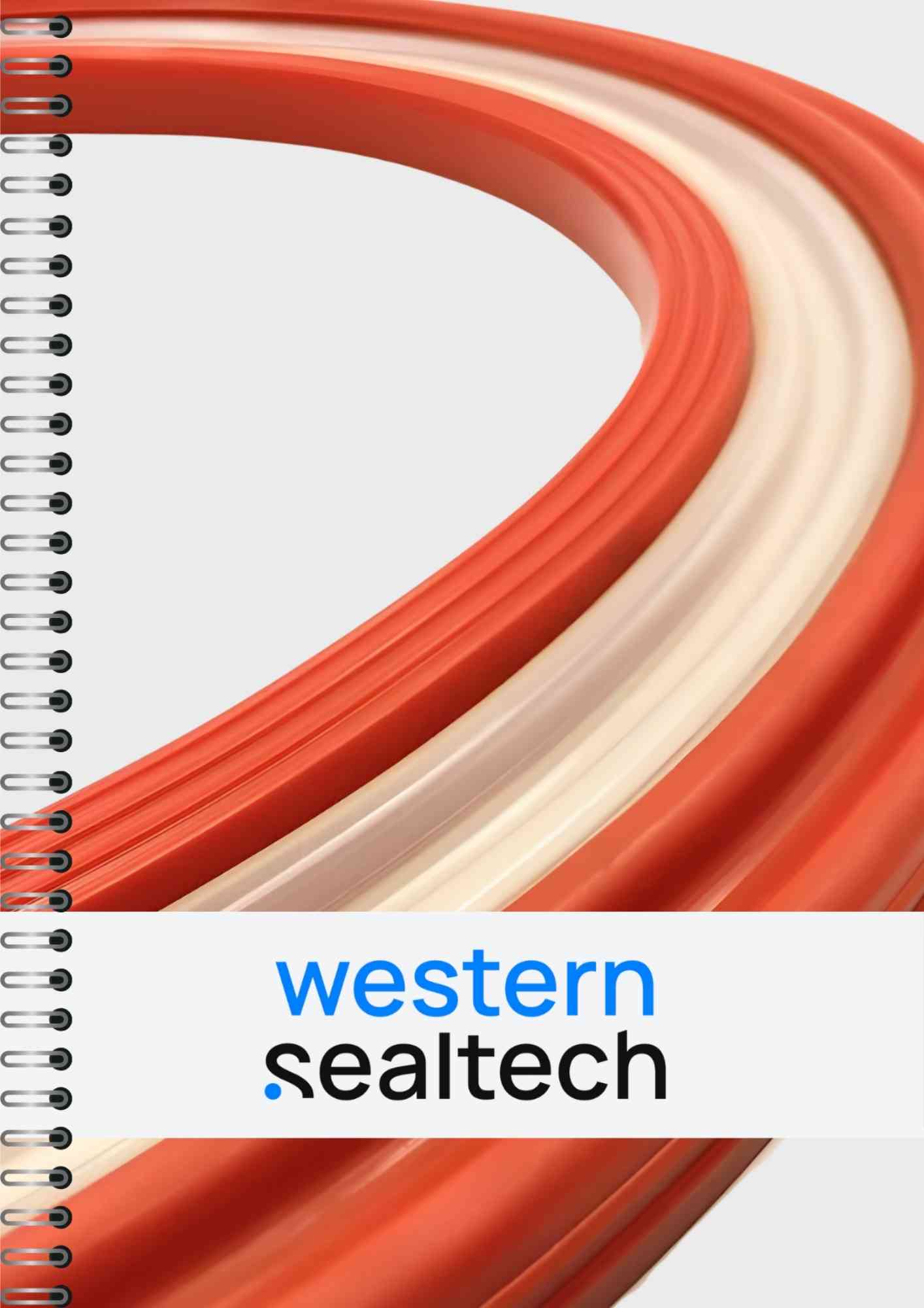 Spiral-bound company brochure cover with red and cream abstract curved design and the text 'western sealtech'.