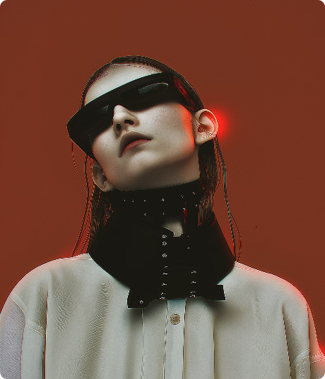 Person with slicked-back hair wearing futuristic black sunglasses, a black neck accessory with metal details, and a beige top against a brown background.