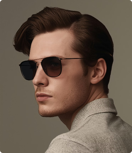 Profile of a young man with styled brown hair wearing dark aviator sunglasses and a beige textured jacket.