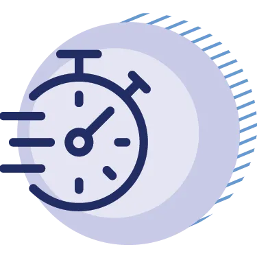 Stopwatch icon with motion lines on a blue circular background, symbolizing speed or quick timing.