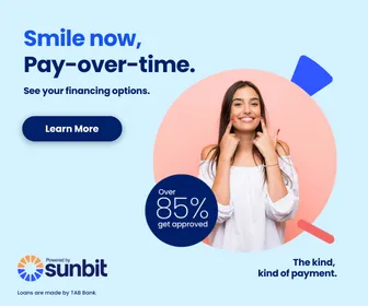 Smiling woman pointing to her teeth with text 'Smile now, Pay-over-time' and a button labeled Learn More for Sunbit financing options.