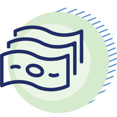 Icon of three overlapping banknotes with a green and blue circular background.