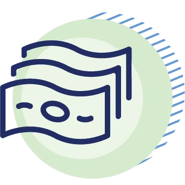 Icon of three overlapping banknotes with a green and blue circular background.