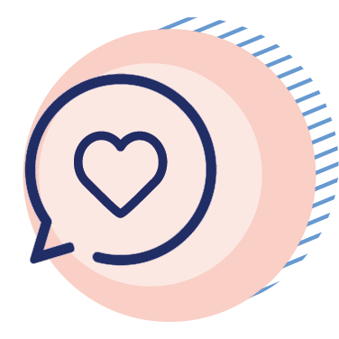Heart icon inside a speech bubble overlaid on layered circles with a striped blue accent.