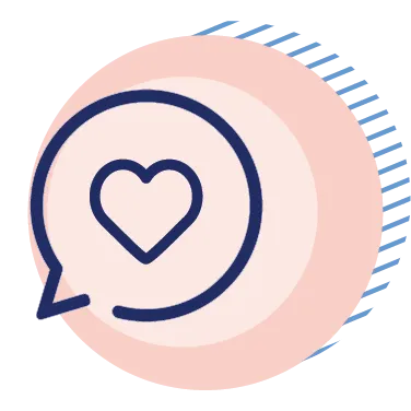 Heart icon inside a speech bubble overlaid on layered circles with a striped blue accent.