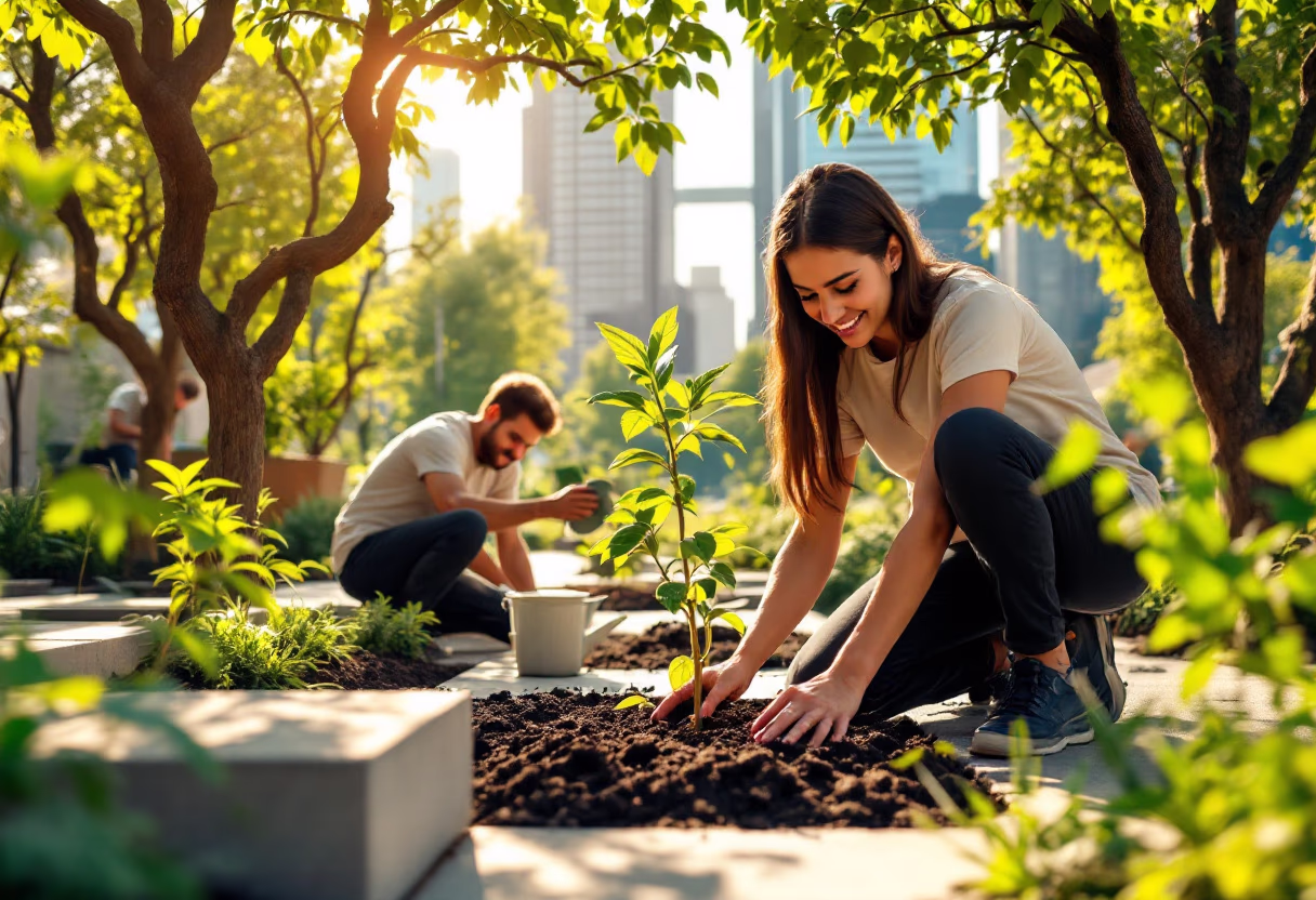 image of volunteers planting trees in an urban setting