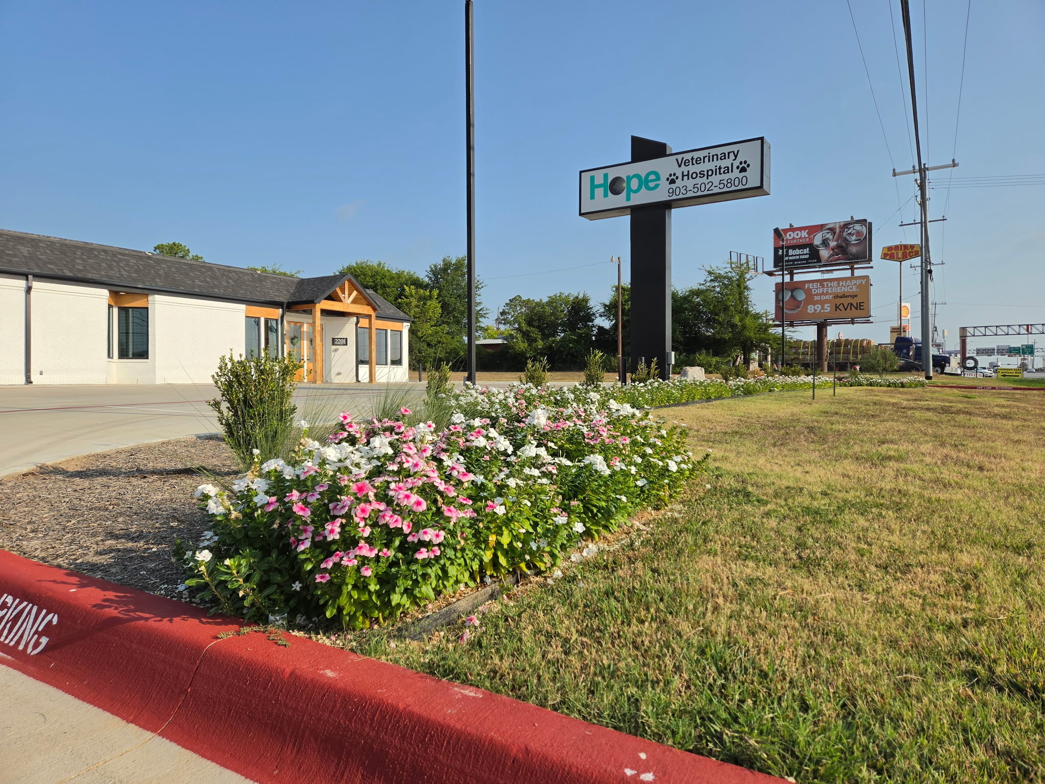 Commercial landscape beds with pink and white seasonal color at an East Texas veterinary property