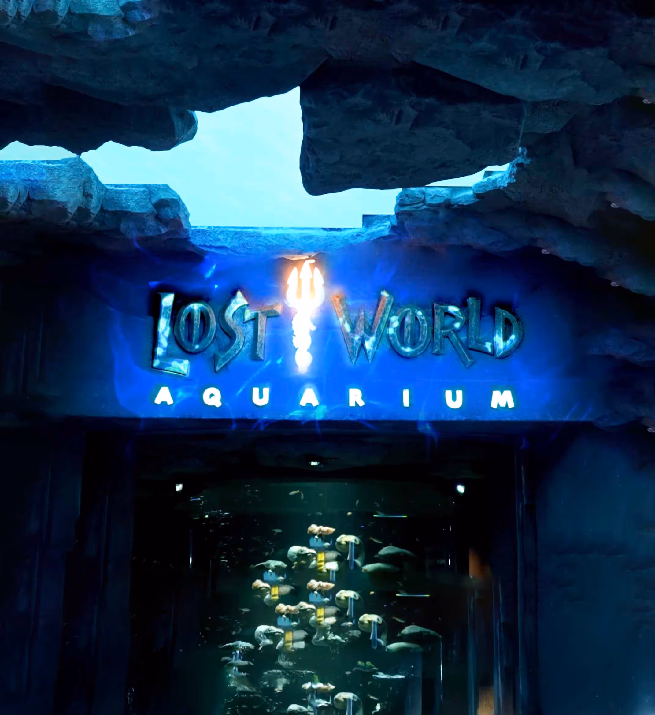 Entrance to Lost World Aquarium with illuminated sign and underwater view of fish and coral inside.