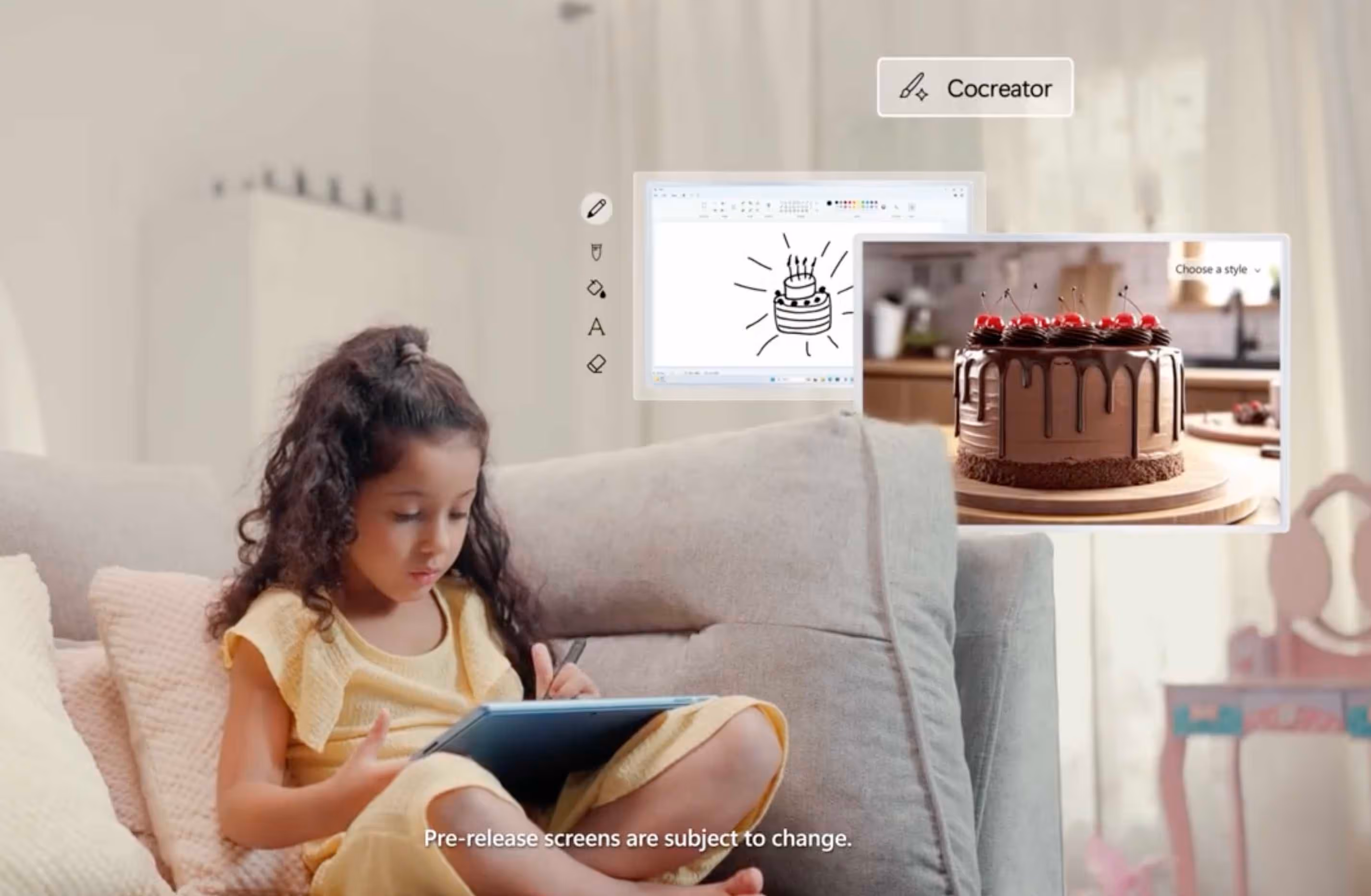 A young girl in a yellow dress sits cross-legged on a couch, drawing a birthday cake on a tablet with digital editing tools and a photo of a chocolate cake with cherries displayed nearby.