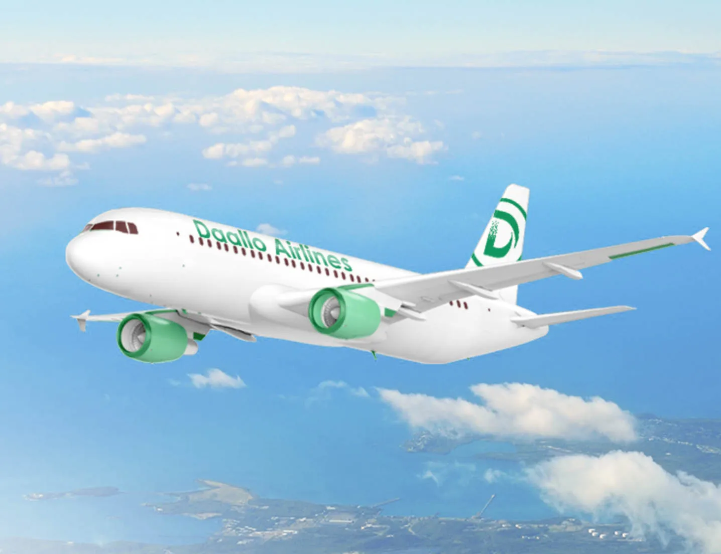 White airplane with green engines and Daallo Airlines logo flying above clouds and coastline.